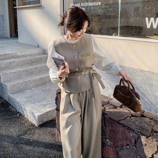 Real shot khaki waistcoat suit women's spring 2025 new high-end sense temperament Korean style wide leg pants two-piece set
