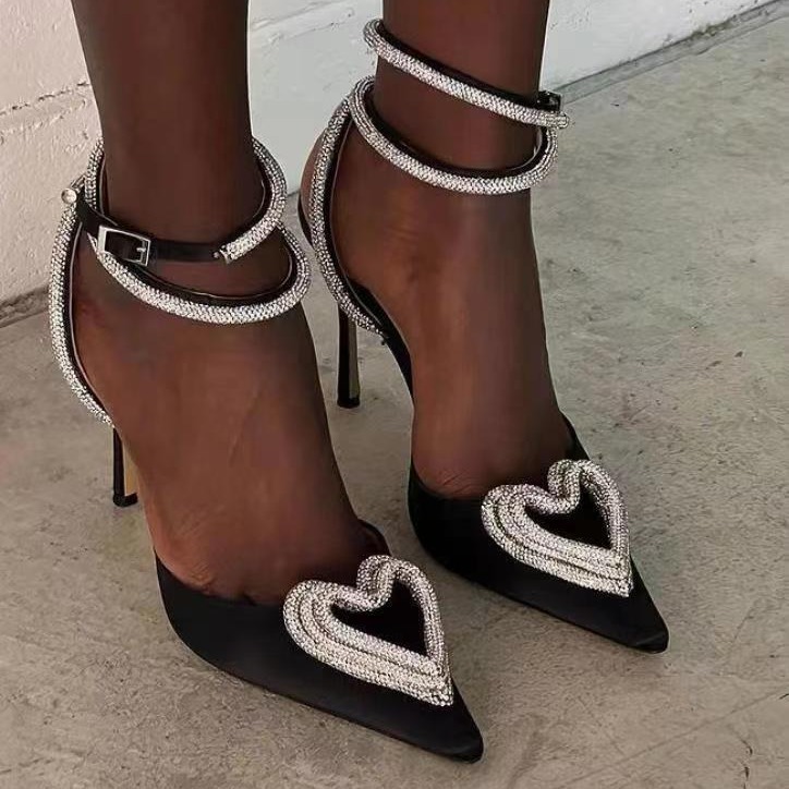 Heart-Shaped Rhinestone Sandals 2025 Summer and Autumn New Versatile European and American Sexy Stiletto Strap Pointed Toe High Heels for Women