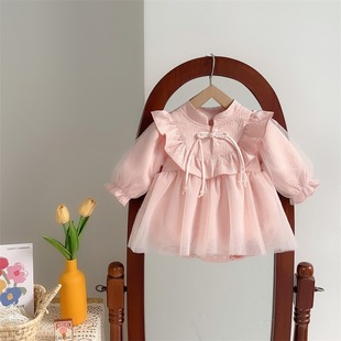 Newborn Baby's Spring Clothes Baby Girl's Fart Princess Skirt Spring and Autumn Chinese Style One Hundred Days Climbing Suit Western Style suit Outside