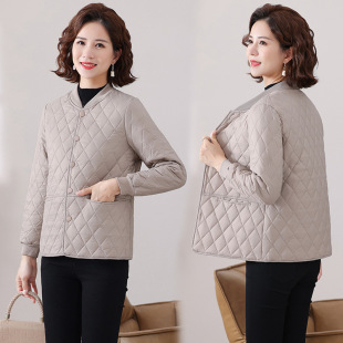Lightweight Short Cotton-padded Coat Women's Autumn and Winter Mother's Cotton-padded Coat All-match Casual Rhombic Collarless Loose Middle-aged Cotton-padded Coat Coat