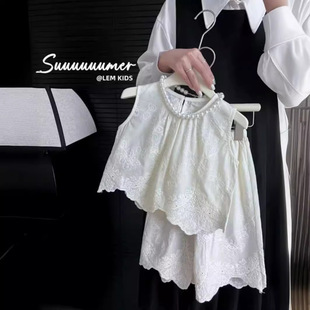 Girls' Summer suit 2024 Korean New Style Baby Girl Lace Stylisch Short Sleeve Doll Shirt Plaid Casual Trousers
