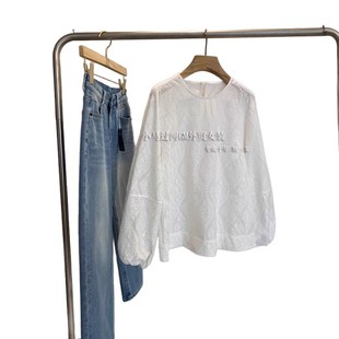 Yuan Yuan's law list!!! Giant recommend ~ Elegant Round Neck Embroidered Jacquard Lantern Sleeve Cotton Shirt Top Women