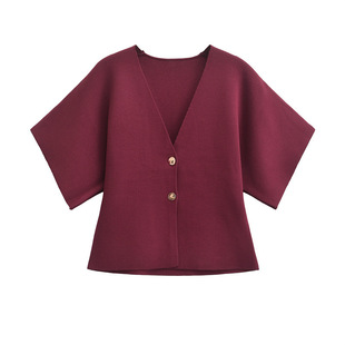 Foreign trade list! Autumn New European and American Style Women's Elegant Short-sleeved V-neck Two-button Knitted Top 4192101