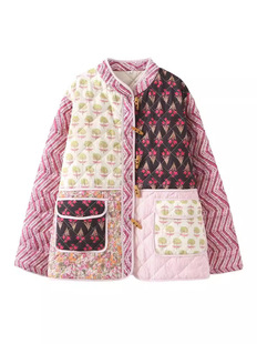 Cross-border wholesale 2024 autumn and winter new round neck block printed claw buckle cotton-padded jacket loose Joker cotton-padded jacket
