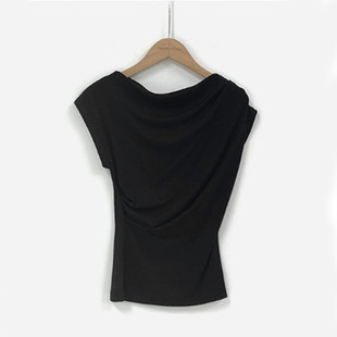 Korean Style Swing Collar Pleated Short-sleeved Top Women's Slim-fit Slimming Casual Elegant Socialite Dongdaemun 2023 New Summer Style