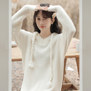 Korean preppy style hooded sweater dress women's autumn and winter mid-length over-the-knee College student knitted dress Mori sweet