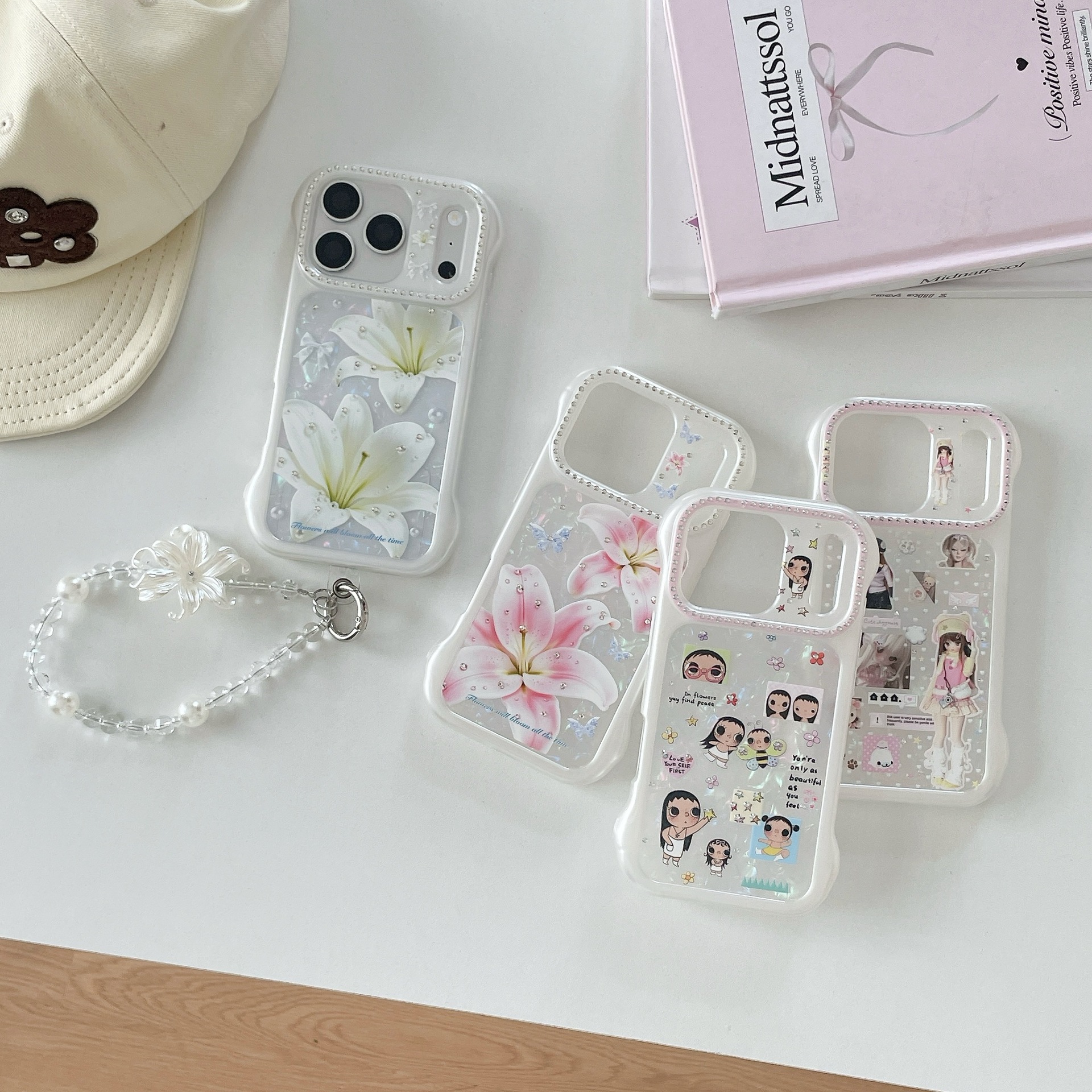 Playful Milk Pudding Cloud Jade Illustration for iPhone 17 Pro Max, New 16-Point Rhinestone Case
