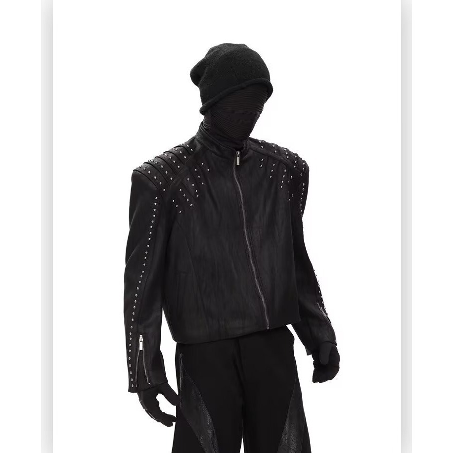 Niche avant-garde authoritative punk metallic short padded shoulder leather jacket men's high-end fashionable jacket trend
