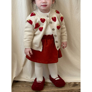 Girls' Sweater Coat 2024 Autumn and Winter New Korean Style Children Strawberry Embroidered Knitted Cardigan Long Sleeve Top