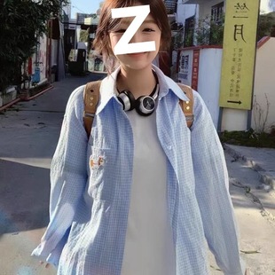 Cartoon Dachshund Blue Plaid Shirt Women's Early Spring New Long Sleeve Lapel Shirt Jacket Loose Couple Top