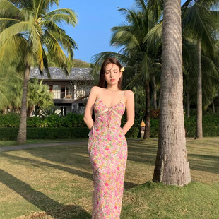 Pure Lace Floral Sling dress Women's Summer Vacation Seaside Beach Dress Hot Girl High Waist Hip Dress