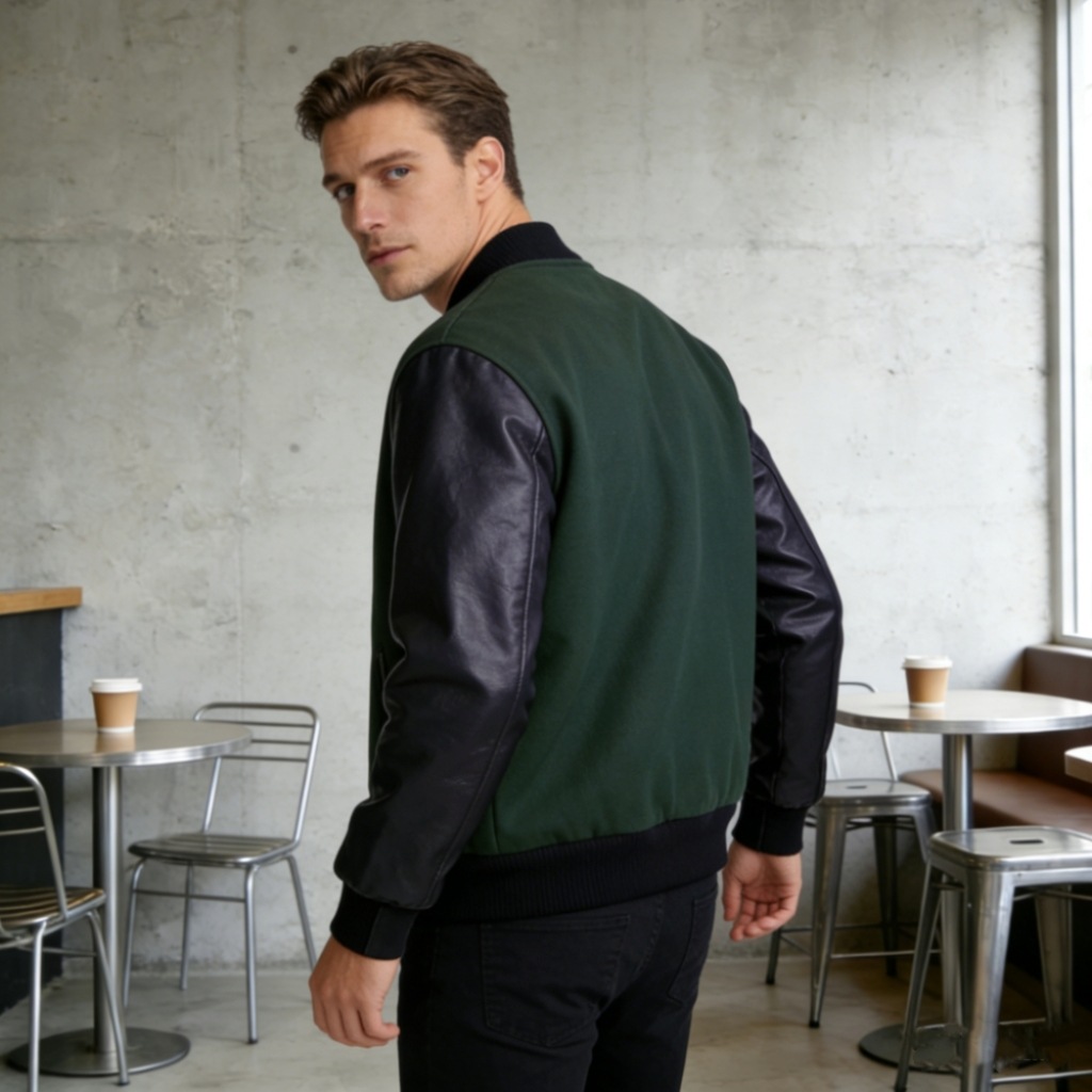 New Spring and Autumn Style Men's Pu Leather Sleeve Patchwork Flight Jacket with Single-Breasted Woolen Coat, European Size, for Independent Foreign Trade