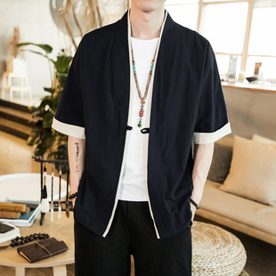 2024 Chinese Style Spring and Summer Linen New Loose Men's Tang Suit Cardigan Half Sleeve Dao Gown Kimono Cotton Linen Jacket