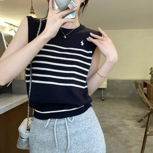 Chic Vintage Summer Contrast Color Striped Embroidered Design Sense Ice Silk Knitted Sleeveless Vacation T-shirt Women's Top