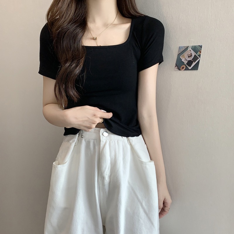 프렌치 스타일 스퀘어넥 숄더 반팔 티셔츠 여성 여름 신상 슬림핏 퓨어 루즈핏 언밸런스 밑단 트렌디 탑