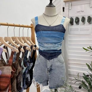 Thai Tie-Dye Back Lace-up Hollow-out Sleeveless Mesh Camisole Short Pleated Irregular Top Vest for Women