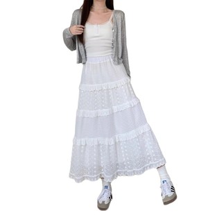 Gentle Style White Skirt Summer Petite Elastic Waist New Slimming Mid-Length Skirt Hollow Design Cake Skirt