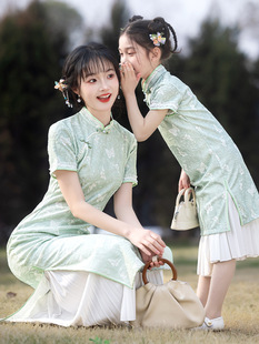 2025 Summer New Parental Clothing Retro National Style Improved Buckle Cheongsam Dress Fresh Mesh Cheongsam Mother and Women's Dress