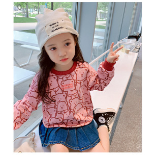 2023 Spring and Autumn New All-over Printed Bear Pink Children's Fashionable Baby Girls Casual Easiest for Match Round Neck Sweater Top