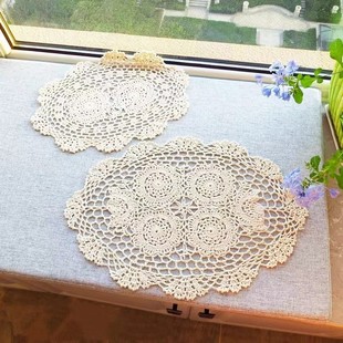 Pure Cotton Woven Nostalgic Retro Pastoral Shooting Props Handmade Crochet Flower Placemat Oval Decorative Table Mat Rice White