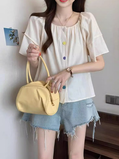 Sweet Style Age-reducing Colorful Button Flying Sleeve Shirt for Women Summer Fresh New Loose Slimming Look Simple Short Top