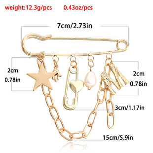 Europe and the United States cross-border jewelry ins metal style tassel pin five-pointed star letter M pendant brooch accessories women