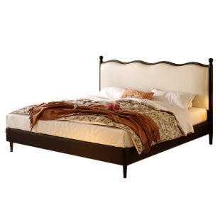 French Style Light Luxury Master Bedroom Black Solid Wood 1.8m Double Small Apartment Wave Soft Leather Bed Retro Leather Bed