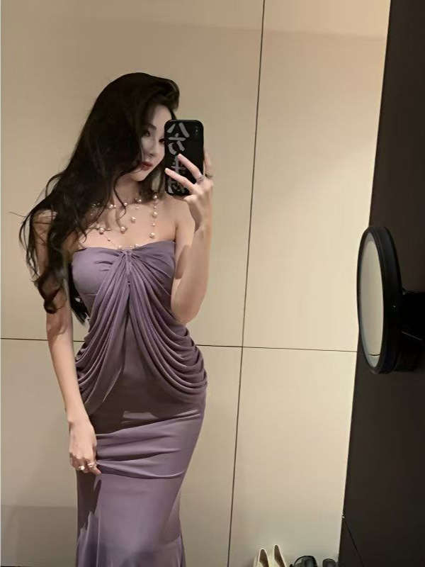 French Design Pure Desire Style off-shoulder Purple Strapless dress Ladies Elegant Sexy Slim-fit Hip Skirt for Women