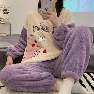 Women's Pajamas Autumn and Winter Cute Cinnamon Dog Thickened Coral Fleece suit Flannel Outwear fleece-lined