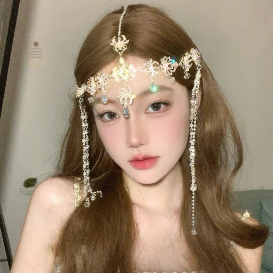 Exotic Style Super Shiny Full Diamond Tassel Forehead Pendant Bridal Wedding Headdress Accessories High-End Accessories