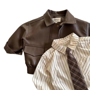 2024 new children's clothing coat spring and autumn new baby boys and girls solid color lapel leather jacket short leather trendy