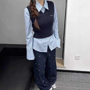 [Non-real shot] Retro dark blue Embroidered Floral High Waist Jeans Women's Loose Straight Wide Leg Trousers