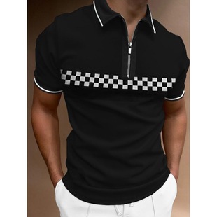 Cross-border 2024 New European and American Independent Station Men's POLO Shirt Striped Stitching Short-sleeved T-shirt Top European Code