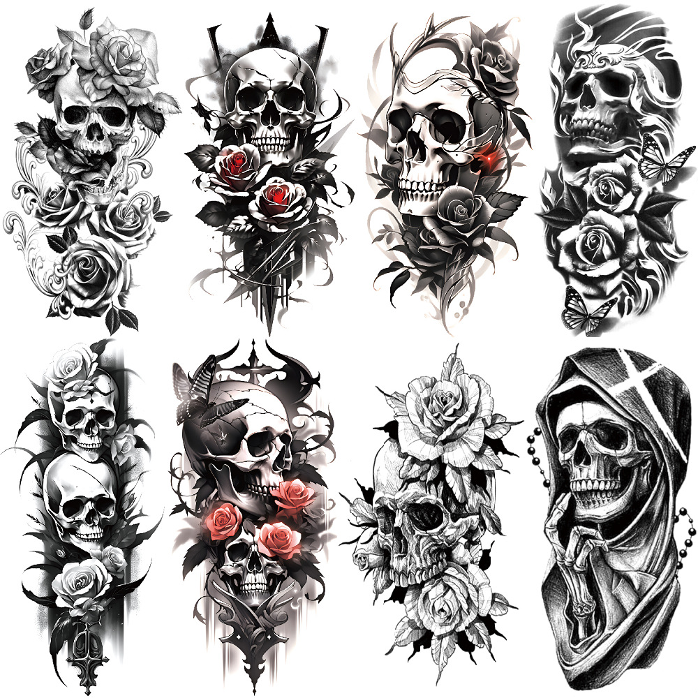 Small Full Arm Xqb Cross-Border Set of 8 Skull Water Transfer Temporary Disposable Party Fake Tattoo Stickers