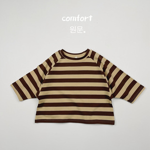 Korean-style Japanese Children's Contrast Striped Long-sleeved T-shirt Spring and Autumn Bat Raglan Sleeve Round Neck Base Shirt for Boys and Girls