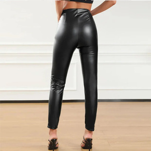 European and American 2024 Women's Stitching Leather Pants PU Hip Pants Casual Trendy High Waist Tight Ankle-length Pants Amazon Now