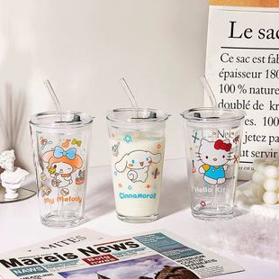 Sanrio Cute ins Style High-looking Glass with Lid and Straw Summer Office Home Milk Juice