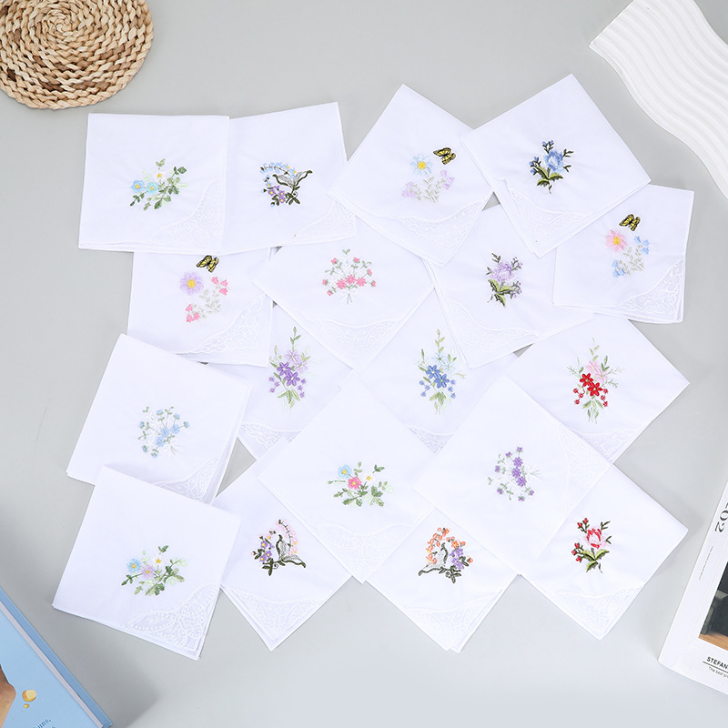 High-end 60-count lace-trimmed handkerchief with butterfly flower embroidery, pure cotton women's 100% cotton handkerchief
