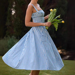 French Artistic Retro Blue and White Sling dress Women's 2024 Summer New Elegant Sexy Waist Long Dress