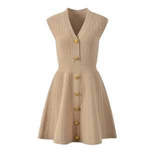 Cross-Border Women's Fashion Socialite V-Neck Metal Buckle Short Dress Summer Sleeveless Tank Dress Vertical Ribbed Tight Knit Dress