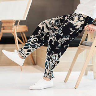 2023 spring and summer new men's trendy pattern dragon pattern cotton buckle ankle-tied pants Chinese style loose casual pants