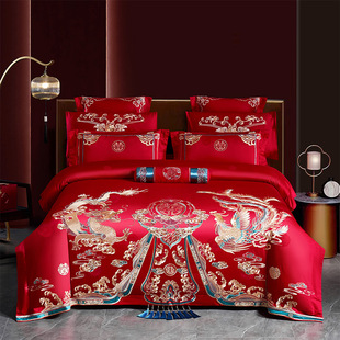 Xinjiang Long-staple Cotton High-grade New Wedding Four-piece Dragon and Phoenix Embroidery Wedding Wedding Room Wedding Big Red Cotton Bedding