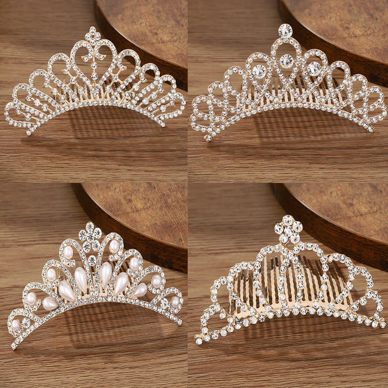 Children's Golden Crown Hair Comb Bridal Accessories Princess Hair Comb Hair Ornament Alloy Rhinestone Hair Comb Pearl Crown