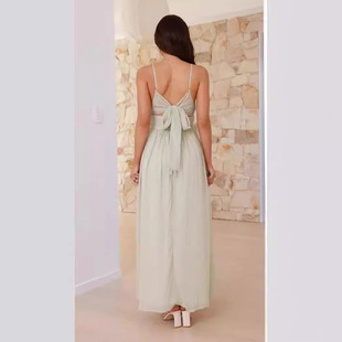 2024 Cross-border European and American Strap dress Women's Summer New Backless Strap Waisted Slim-fit Chiffon Long Dress Printed