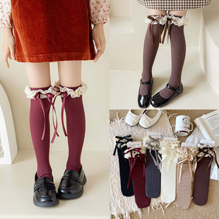 Girls' Over-the-Knee Socks Lace Lolita Bow Stockings Slimming Ballet Style Korean Princess Calf Socks Autumn and Winter