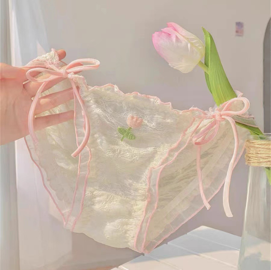 【Sweet and Innocent】Pink Fairy High-Slit Lace-Up Panties, Slightly Transparent, Sexy, Low-Waisted, Breathable