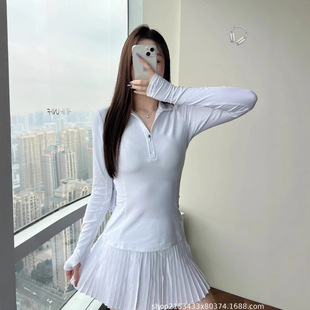 ALO Spring and Summer New Casual Sports Style Tennis Suit suit Vertical Collar Slim Fit Half Zip Top Anti-Light Dress