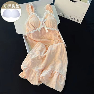 Pajamas Women's V-neck Summer Casual Non-strap Chest Pad Princess Style Nightgown Sweet Cute Comfortable Outer Wear Home Clothes
