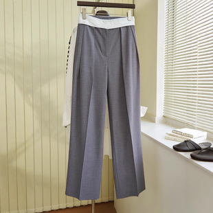 25 Spring and Autumn New Style Worsted Wool High Waist Straight Leg Pants Women's Casual Smoke Pipe Pants Stitching Pants