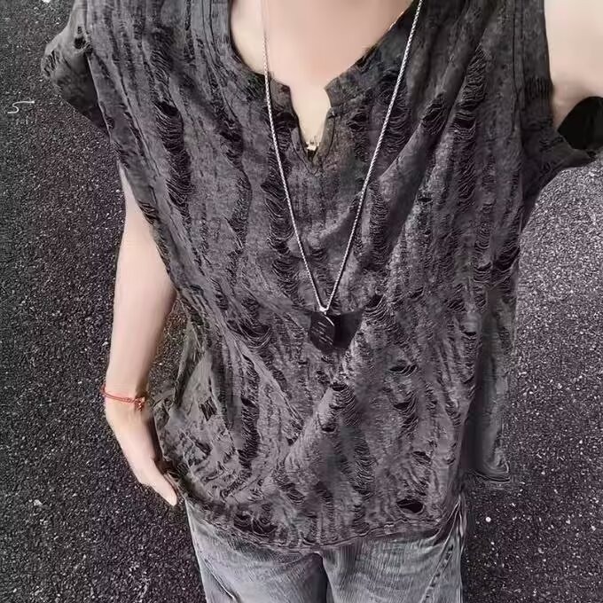 Summer Men's Ripped Texture Sleeveless Vest, Loose Thin V-Neck Design, Trendy Brand Outerwear Casual T-Shirt